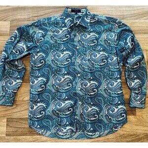 Alan Flusser Mens Medium Paisley Shirt 100% Cotton Blue Green Button Down L/S